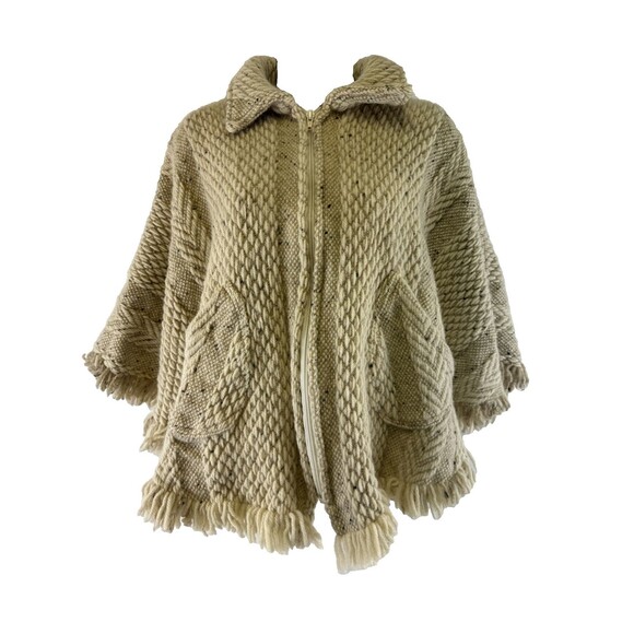Branigan Weavers Wool Sweater Cape Poncho Beige Collar Full Zip Fringe One Size - Picture 1 of 12